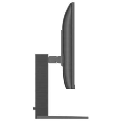 Seitenansicht eines modernen Computermonitors mit schlankem Rahmen, aufrecht auf einem stabilen Ständer montiert.