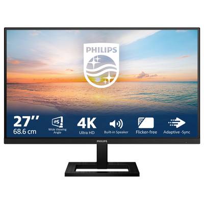 Ein Philips-Monitor mit 27 Zoll, 4K Ultra HD, breitem Betrachtungswinkel, eingebautem Lautsprecher, flimmerfrei und Adaptive Sync.