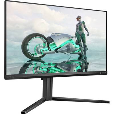 Ein futuristischer Bildschirm zeigt ein Sci-Fi-Bild: Eine Person in Hightech-Rüstung steht neben einem leuchtenden Motorrad in einer reflektierenden Umgebung.