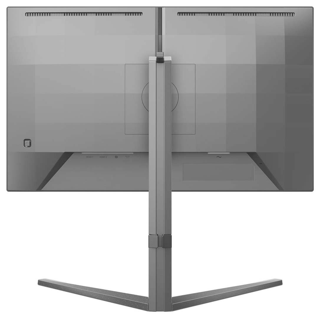 Rückansicht eines Computermonitors mit schmalem Standfuß, zeigt Lüftungsschlitze und klare Linien, Fokus auf minimalistisches Design.