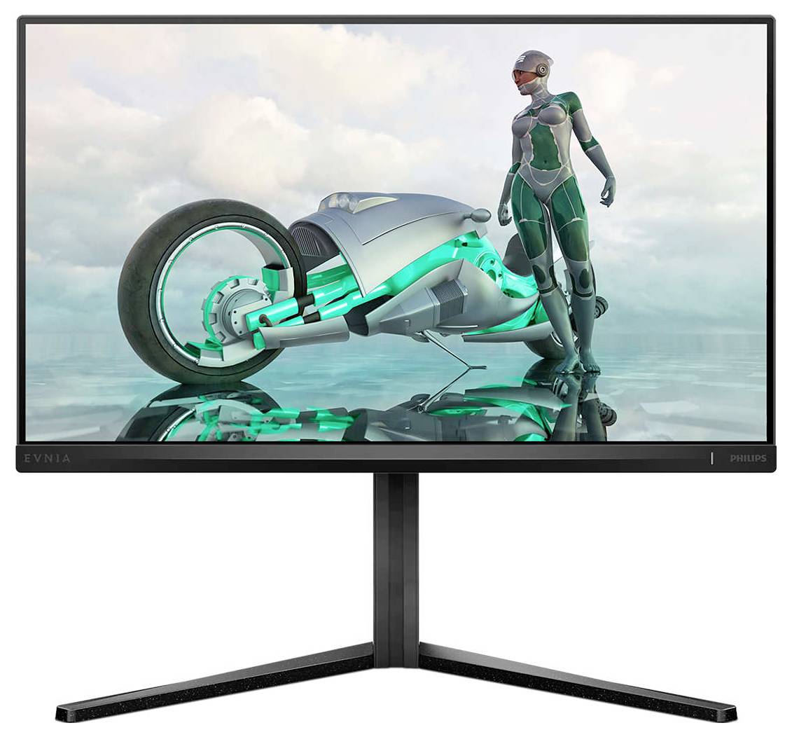 Ein Monitor mit einem Bild einer futuristischen Motorradfahrerin neben einem hochtechnologischen Motorrad auf einer spiegelnden Oberfläche.