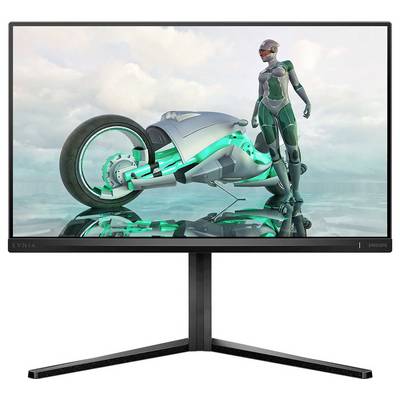 Ein Monitor mit einem Bild einer futuristischen Motorradfahrerin neben einem hochtechnologischen Motorrad auf einer spiegelnden Oberfläche.