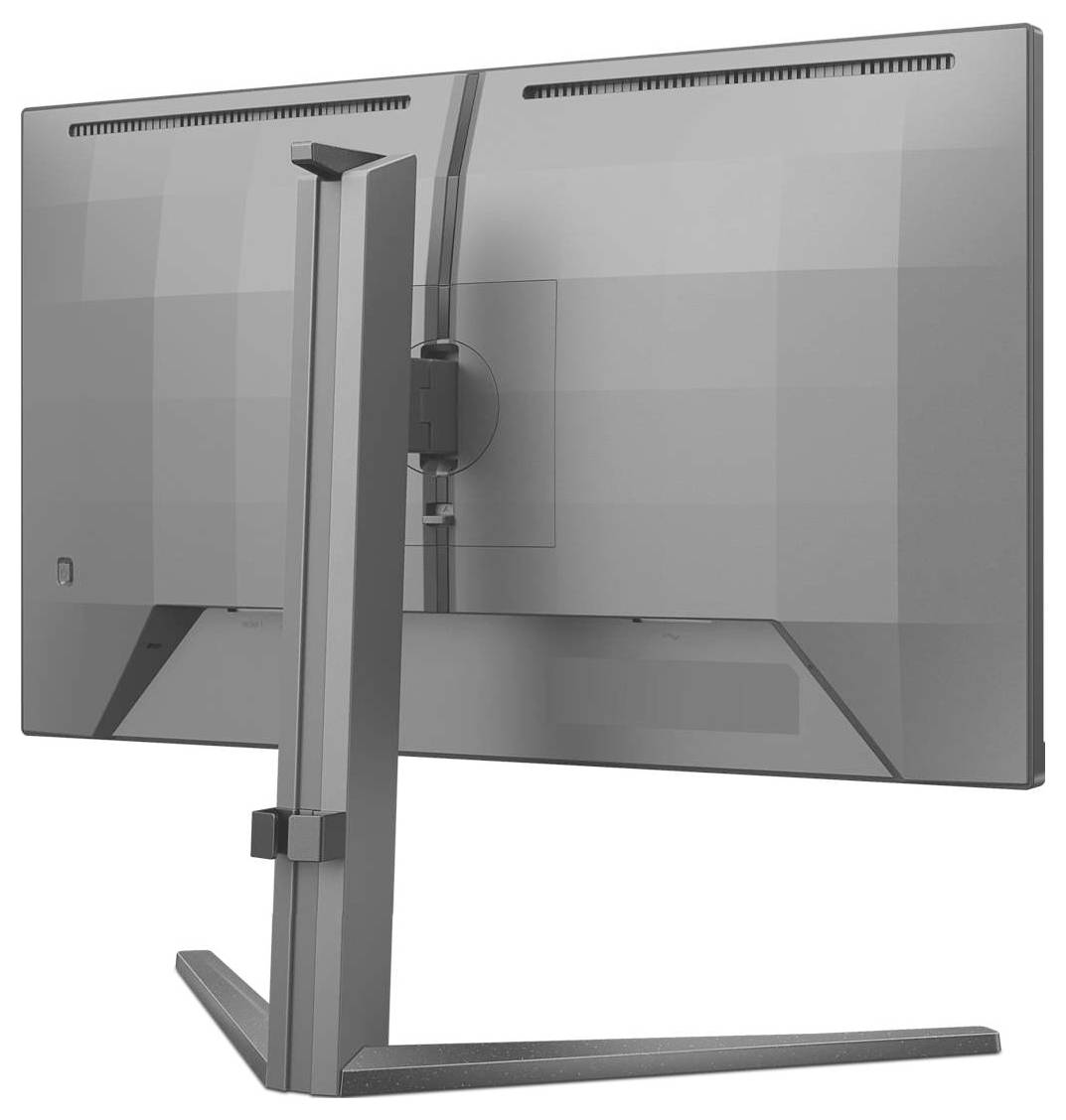 Rückansicht eines modernen Computermonitors mit verstellbarem Standfuß, graues Gehäuse, auf einem weißen Hintergrund.