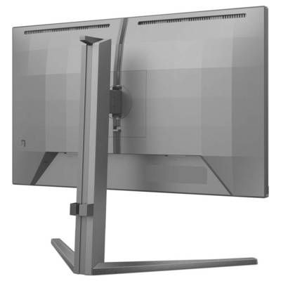 Rückansicht eines modernen Computermonitors mit verstellbarem Standfuß, graues Gehäuse, auf einem weißen Hintergrund.