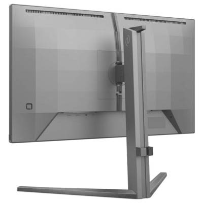 Rückansicht eines Computermonitors mit modernem, kantigem Standfuß und schlankem Design.