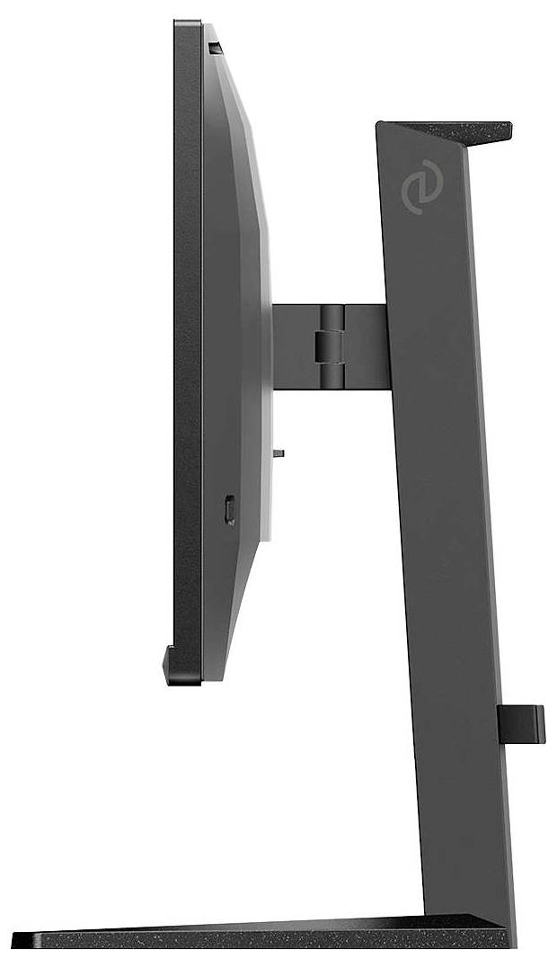 Seitliche Ansicht eines Computerbildschirms in modernem Design, montiert auf einem stabilen, schwenkbaren Ständer.
