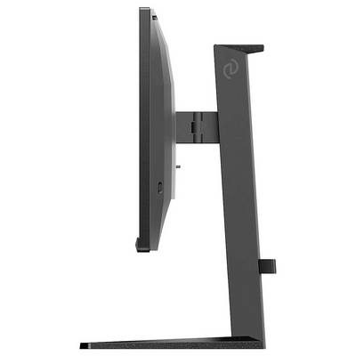 Seitliche Ansicht eines Computerbildschirms in modernem Design, montiert auf einem stabilen, schwenkbaren Ständer.