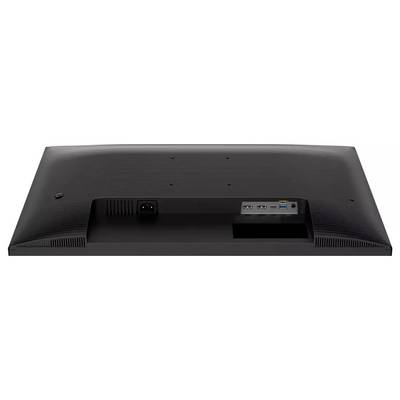 Rückansicht eines Computermonitors, zeigt Anschlüsse: Strom, zwei HDMI-Ports, DisplayPort und USB-Ports. Schwarzes Gehäuse.