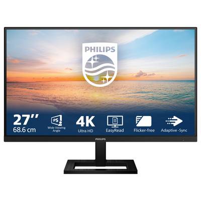 Ein 27-Zoll Philips-Monitor mit 4K-Auflösung zeigt ein Bild vom Meer bei Sonnenuntergang. Funktionen: IPS, EasyRead, flimmerfrei, Adaptive-Sync.