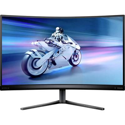 Ein futuristisches Motorrad mit einem Fahrer in einem Sci-Fi-Anzug rast auf einem gebogenen Bildschirm mit einem Blureffekt vorbei.