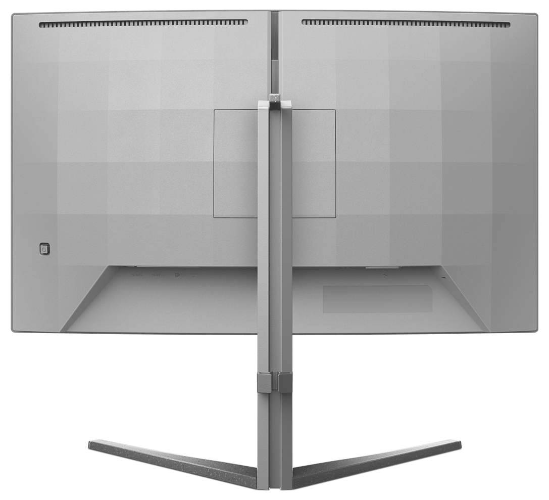 Rückansicht eines grauen Computermonitors mit V-förmigem Standfuß, der eine schwenkbare Halterung zeigt.