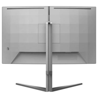 Rückansicht eines grauen Computermonitors mit V-förmigem Standfuß, der eine schwenkbare Halterung zeigt.
