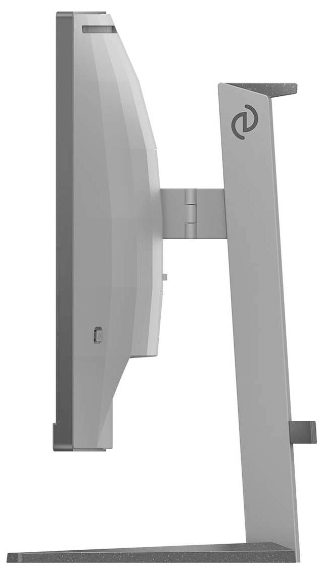 Seitliche Ansicht eines Computer-Monitors auf einem Standfuß, der in einem schlichten, modernen Design gestaltet ist.