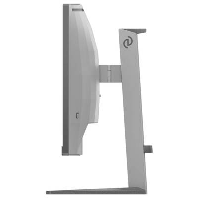 Seitliche Ansicht eines Computer-Monitors auf einem Standfuß, der in einem schlichten, modernen Design gestaltet ist.