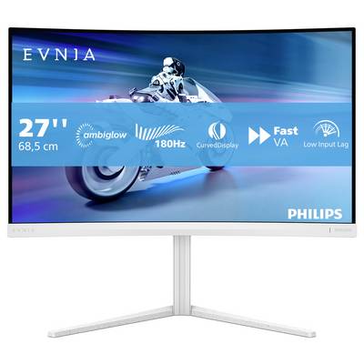 Ein 27-Zoll-Philips-Monitor mit gebogenem Display, 180Hz Bildwiederholrate, Ambiglow, schnellem VA-Panel und niedrigem Input-Lag.