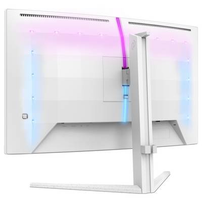 Ein weißer Bildschirmrückseite mit blauer und pinker LED-Beleuchtung, steht auf einem rechten, stabilen Standfuß.