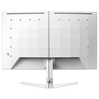 Rückseite eines großen, weißen Computerbildschirms auf einem weißen Ständer. Der Monitor hat Belüftungsschlitze oben.