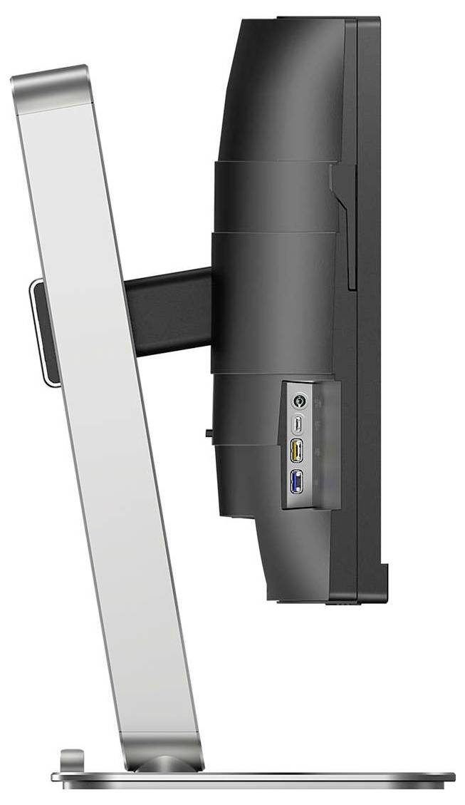 Seitenansicht eines Computerbildschirms auf einem Standfuß mit sichtbaren USB-Anschlüssen.