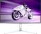 Ein futuristisches Motorrad mit einem Fahrer, umgeben von einem lila Lichtschein, wird auf einem modernen Bildschirm angezeigt.