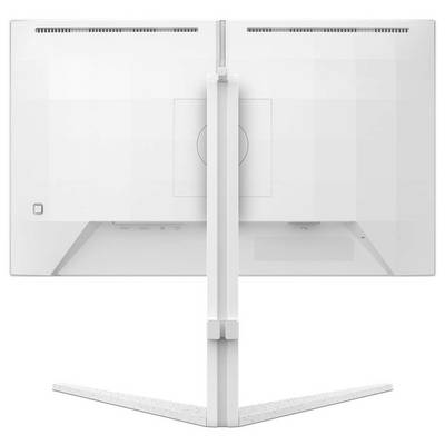 Ein weißer Computermonitor von hinten, mit einem schmalen Standfuß in der Mitte, der den Bildschirm stützt.