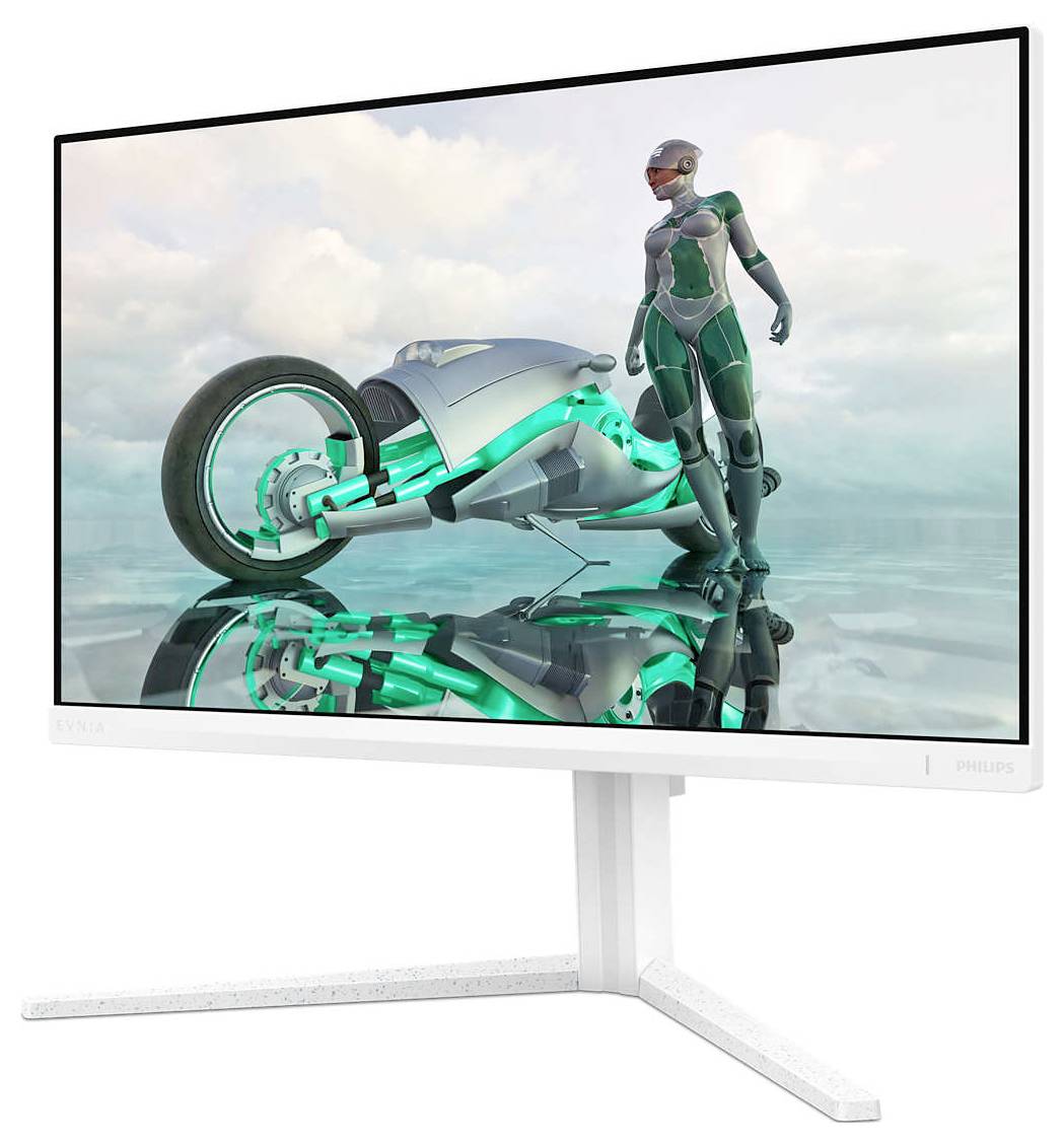 'Monitor mit zukunftsweisendem Design zeigt ein 3D-Bild einer futuristischen Szene: Cyborg vor einem futuristischen Motorrad.'