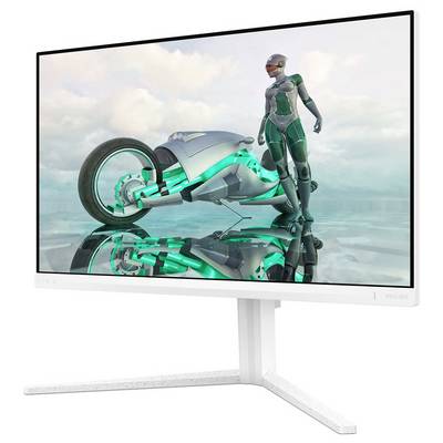 'Monitor mit zukunftsweisendem Design zeigt ein 3D-Bild einer futuristischen Szene: Cyborg vor einem futuristischen Motorrad.'