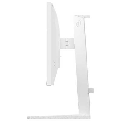 Seitenansicht eines modernen weißen Computermonitors auf einem Standfuß, der schlankes Design und Verstellbarkeit zeigt.