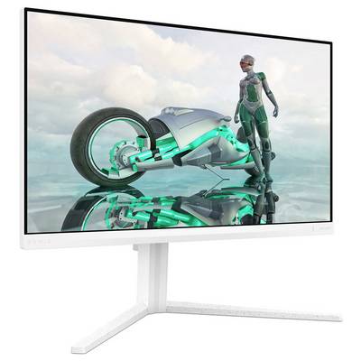 Ein futuristischer Monitor zeigt einen Roboter-ähnlichen Charakter neben einem hochtechnologischen Motorrad auf einer spiegelnden Oberfläche.