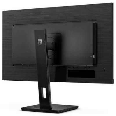 Rückansicht eines schwarzen Monitors mit schlichtem Design und stabilem Standfuß, geeignet für Büroumgebungen.