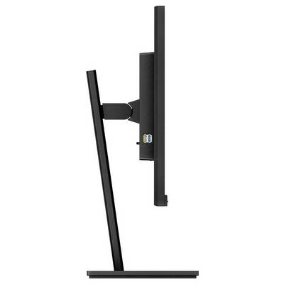 Flacher Computermonitor im seitlichen Profil auf einem dünnen, rechteckigen Standfuß, zeigt schlankes und modernes Design.