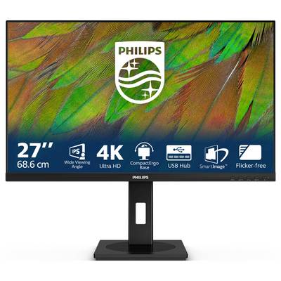 „Philips“-Monitor mit 27" Diagonale, 4K-Auflösung, IPS-Technologie, ergonomischem Sockel und USB-Hub, auf einem bunten Federhintergrund.