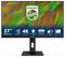 „Philips“-Monitor mit 27" Diagonale, 4K-Auflösung, IPS-Technologie, ergonomischem Sockel und USB-Hub, auf einem bunten Federhintergrund.