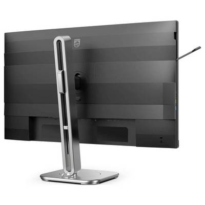 Ein Monitor von hinten, auf einem silbernen Standfuß, mit einem schlichten, modernen Design.
