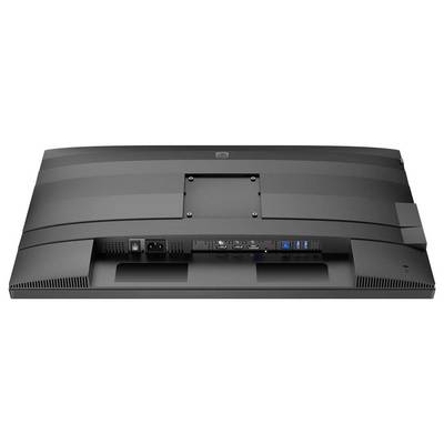 Rückansicht eines Computermonitors mit Anschlüssen in der Mitte, darunter Stromversorgung, HDMI, USB-Anschlüsse und Lüftungsschlitze.