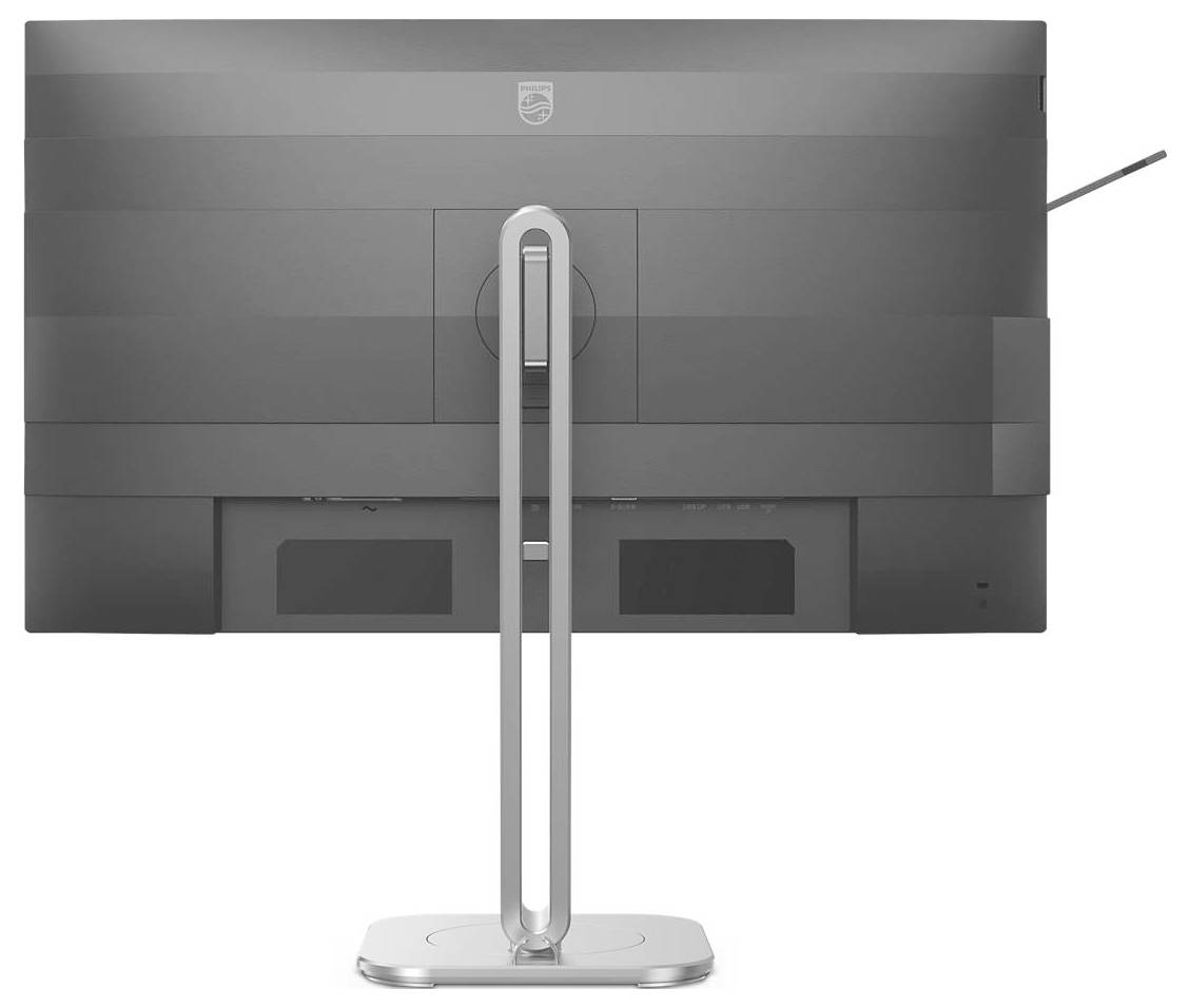 Ein moderner Computerbildschirm von hinten, silbern mit Standfuß, zeigt klare Linien und minimalistische Gestaltung.