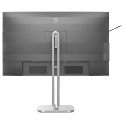 Ein moderner Computerbildschirm von hinten, silbern mit Standfuß, zeigt klare Linien und minimalistische Gestaltung.