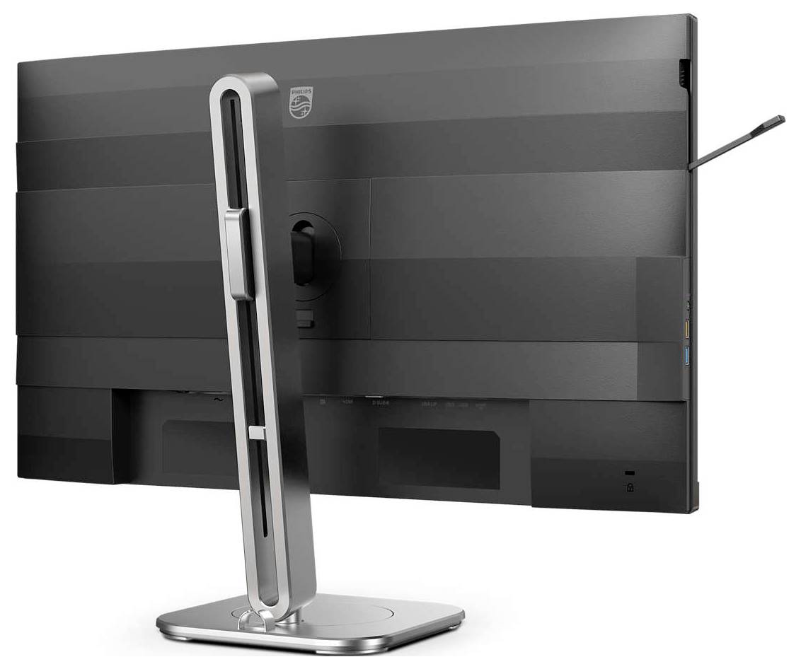 Hinteransicht eines schwarzen Monitors auf einem silbernen Standfuß. Das Design zeigt ein modernes und schlankes Aussehen.
