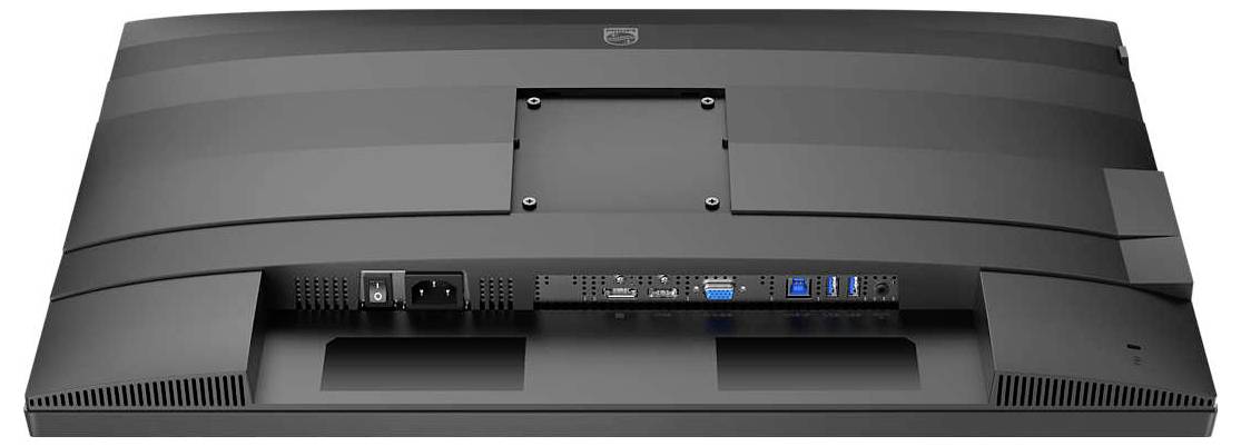 Rückansicht eines Computerbildschirms mit verschiedenen Anschlussmöglichkeiten, darunter USB- und HDMI-Ports.