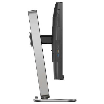 Ein seitlich abgebildeter Computerbildschirm mit schwarzem Rahmen und silbernem Standfuß zeigt Anschlüsse an der Seite.