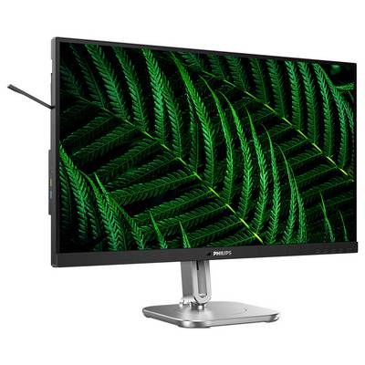 Philips Monitor mit einem Bildschirm, der lebendige grüne Farnblätter zeigt. Dezentes, modernes Design mit schmalem Rand.