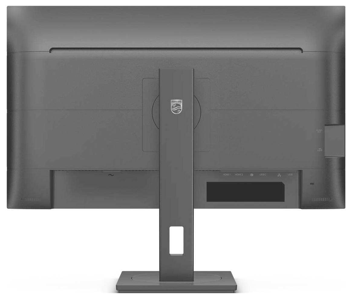 Rückansicht eines Computers mit einem grauen Monitor auf einem Standfuß. Kein sichtbarer Bildschirminhalt.