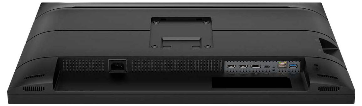 Rückseite eines Monitors mit mehreren Anschlüssen, darunter HDMI, DisplayPort, und Netzanschluss.