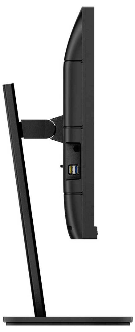 Ein Flachbildschirm in seitlicher Ansicht, zeigt einen dünnen Bildschirm mit schmalem Standfuß und sichtbaren Anschlüssen an der Rückseite.