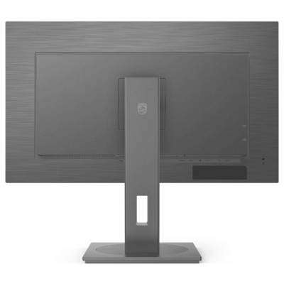 Ein Computerbildschirm von hinten, mit einem stabilen Standfuß. Das Design ist schlicht und modern.