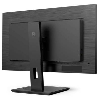Ein schwarzer Computer-Monitor von hinten, auf einem rechteckigen Standfuß montiert, mit strukturiertem Gehäuse und Kabelanschlüssen.