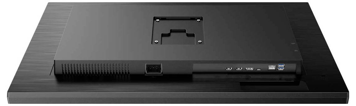 Die Rückseite eines schwarzen Computerbildschirms mit Befestigungshalterung, HDMI- und USB-Anschlüssen.