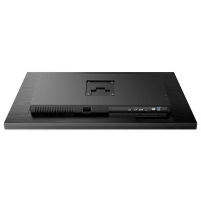 Die Rückseite eines schwarzen Computerbildschirms mit Befestigungshalterung, HDMI- und USB-Anschlüssen.