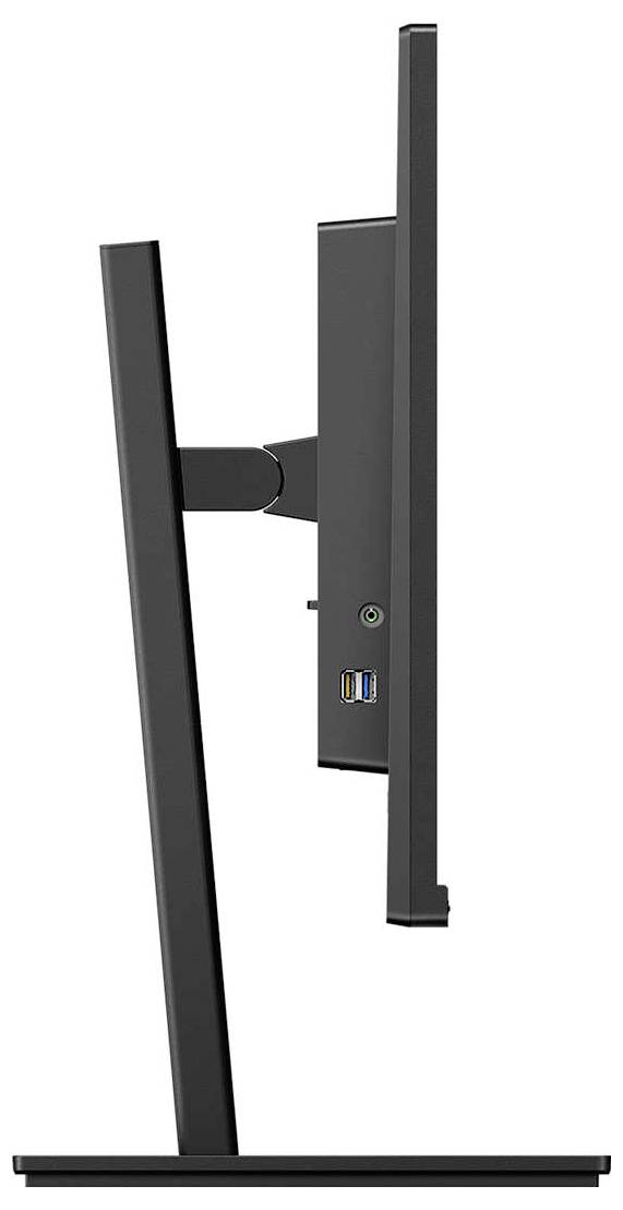 Seitenansicht eines flachen Computer-Monitors mit schlankem, schwarzem Rahmen auf einem stabilen Standfuß.