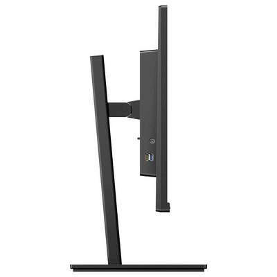 Seitenansicht eines flachen Computer-Monitors mit schlankem, schwarzem Rahmen auf einem stabilen Standfuß.