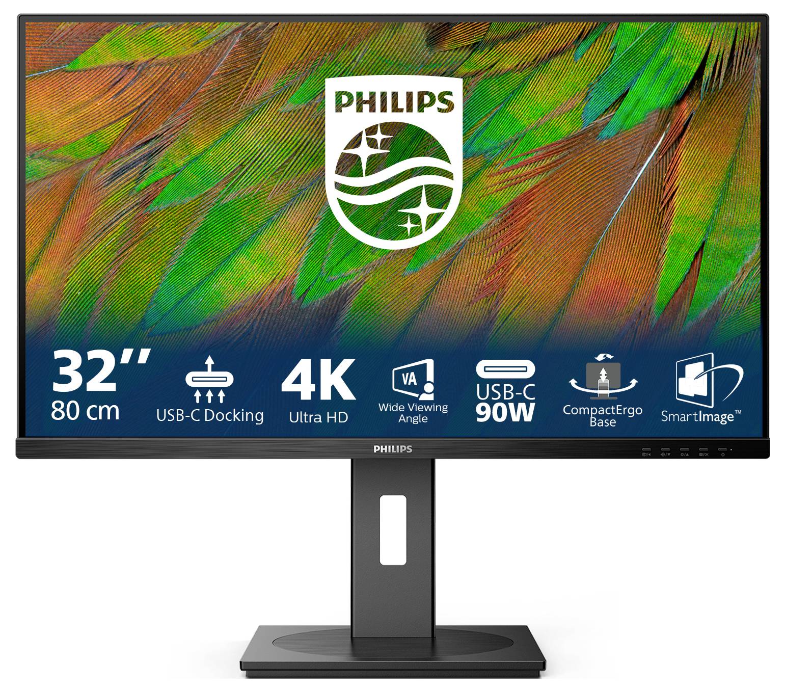 Ein Philips 32-Zoll-Monitor mit 4K Ultra HD, USB-C-Docking, weitem Betrachtungswinkel und SmartImage-Funktion.